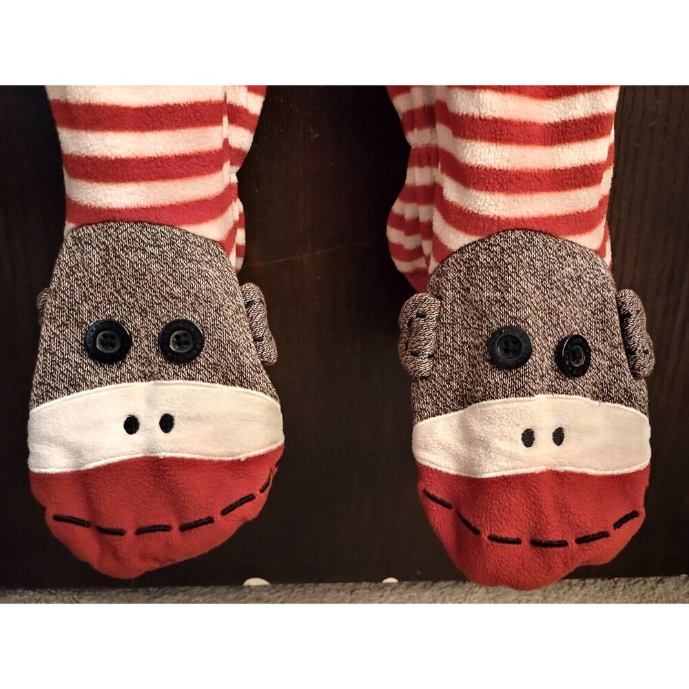 Nick & Nora Adult Sock Monkey Feet Pajama One Piece- Rave, Red Stripe, Christmas